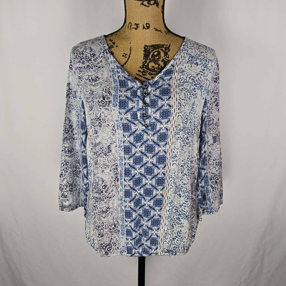 Dressbarn Womens Mixed Print Henley Top Large Blue White 3/4 Sleeve Boho Coastal